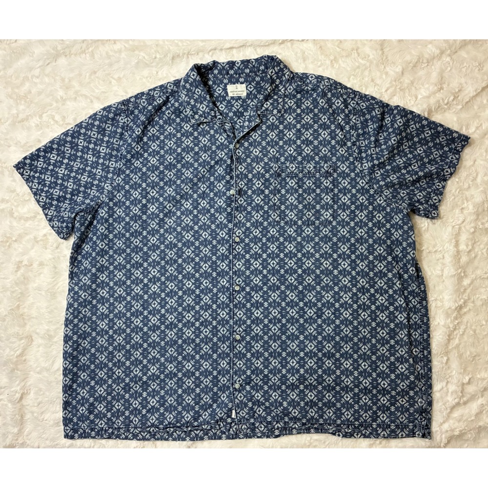 Mutual Weave Mens 4XLT Blue White Geometric Cotton Short Sleeve Button Up‎ Shirt